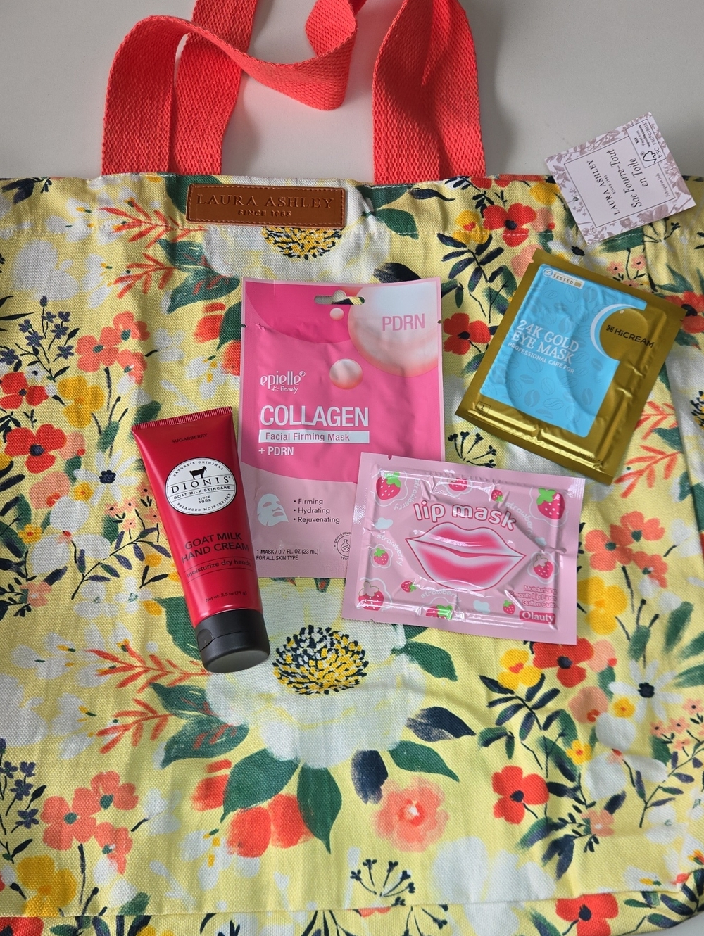 NEW Laura Ashley Yellow Floral Tote with Coral Handles With Goodies